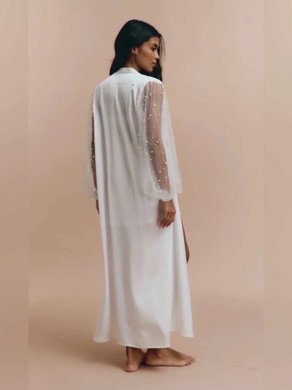 White Satin Robe with Pearl-Embellished Sheer Sleeves